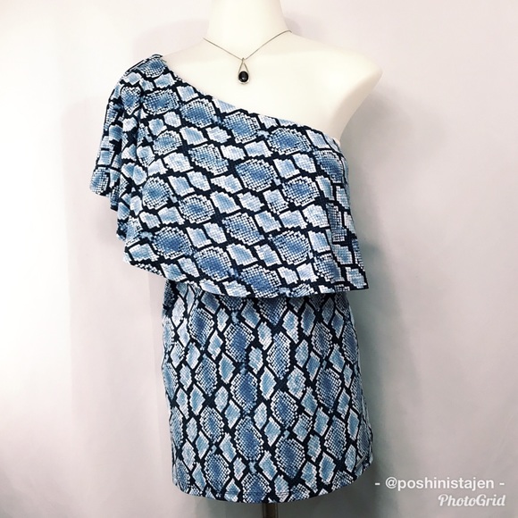 🆕 NWT Michael Kors Blue Python One Shoulder Top - Picture 2 of 8